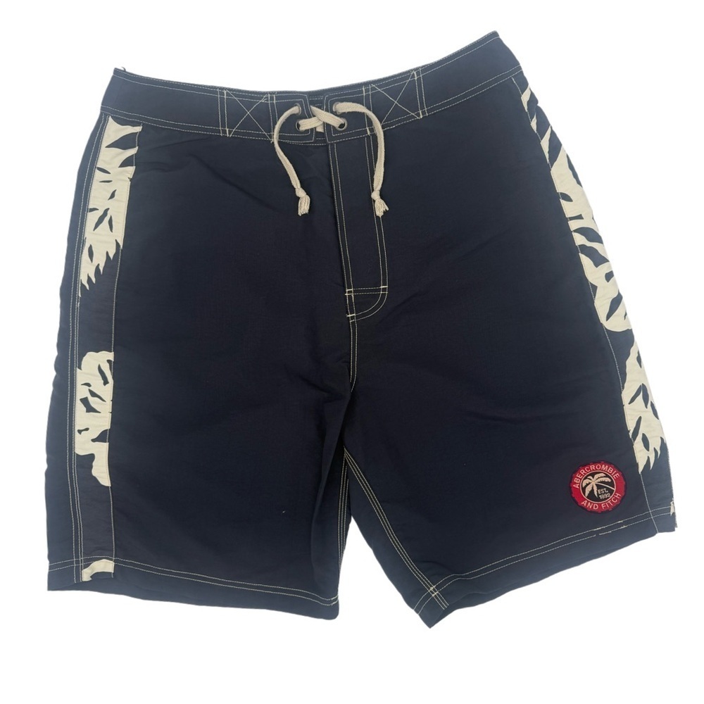 Y2K Abercrombie & Fitch Navy Blue Logo Surf Swim Tropical Board Shorts Size 34